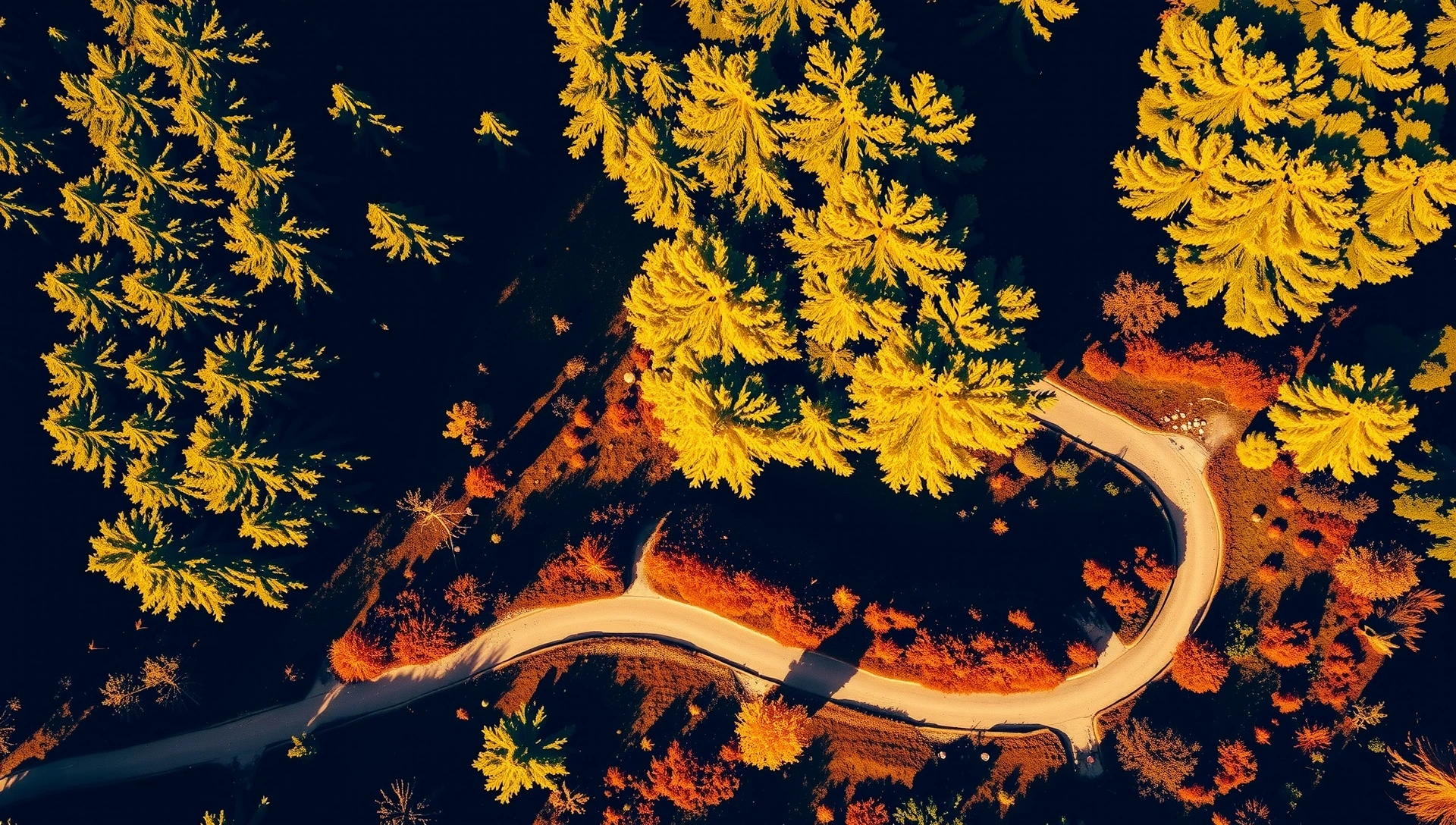 Vue aérienne d'une forêt luxuriante baignée de lumière du soleil avec un sentier sinueux, symbolisant le chemin vers la santé et la nature.