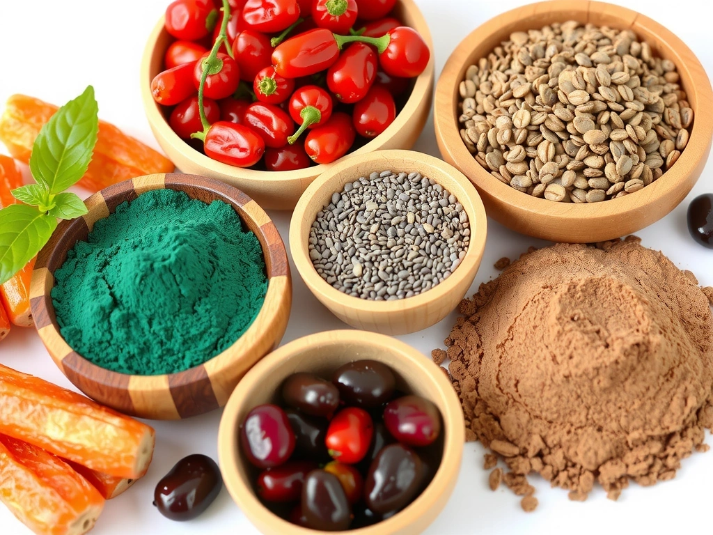 Assortiment coloré de superaliments: baies de Goji, graines de chia, spiruline en poudre, maca en poudre, dans des bols en bois.