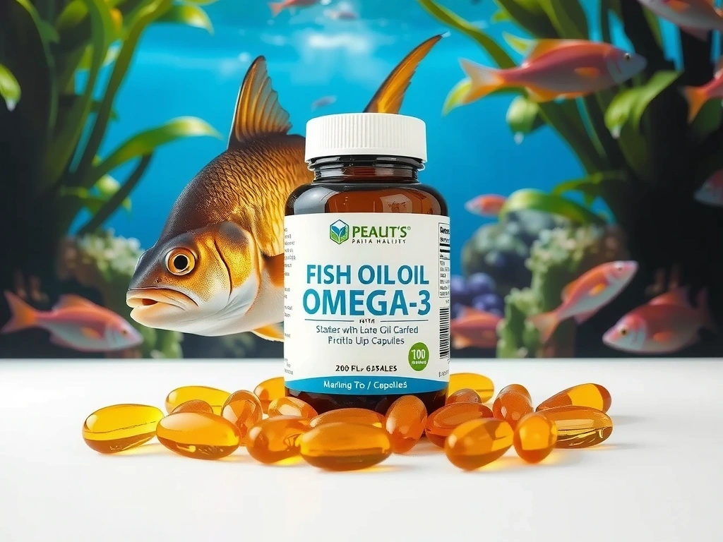 Huile de poisson et capsules d'oméga-3 avec des poissons et des algues en arrière-plan, mettant en évidence la source marine.